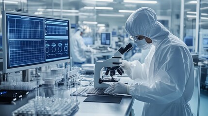 Scientist working with microscope in laboratory.