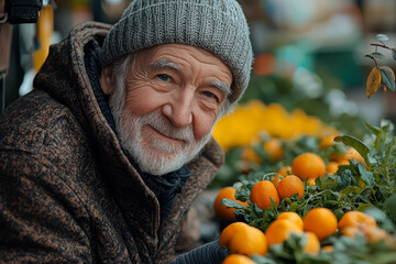 Wall Mural - An elderly man smiling warmly while gardening in his backyard, reflecting contentment and connection with nature.