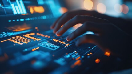 Poster - A close-up of hands typing on a digital interface with glowing data visualizations.