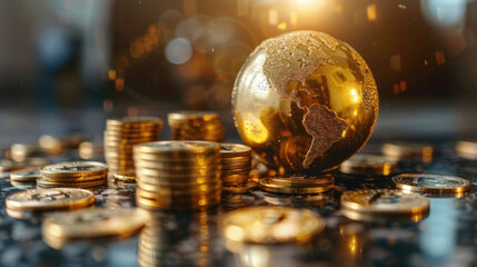 Gold Coins and a Glowing Gold Globe Representing Global Wealth and Financial Growth or Rich concept