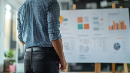 Poster - A person standing in front of a presentation board displaying various charts and data.