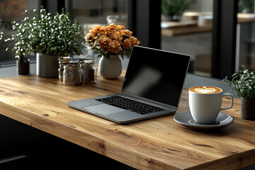 Poster - A sleek, modern office desk with only a laptop and a single coffee cup, emphasizing simplicity and efficiency in the business environment.