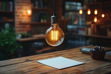 Canvas Print - A single light bulb hanging above a bare conference table, casting a soft glow on a blank notepad, illustrating the purity and focus of business brainstorming sessions.