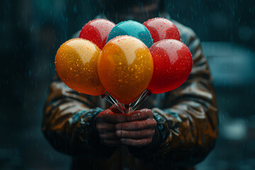 Aufkleber - A person holding a bright, colorful balloon that is slipping through their fingers into a dark, swirling void, symbolizing the loss of hope despite outward appearances.