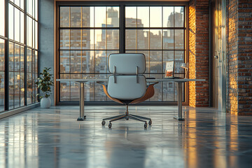 Poster - a minimalistic workspace with a lone chair facing a large, empty desk, capturing the essence of soli