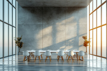 Poster - a minimalist meeting room with a single large table and a few neatly arranged chairs, representing t