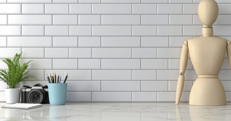 Poster - White brick wall background with a minimalist style workplace