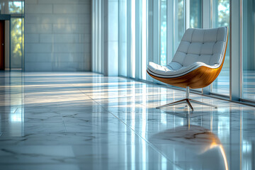 Poster - a lone, stylish chair in a spacious, empty office, emphasizing the simplicity and elegance of modern