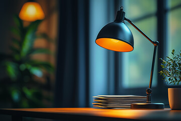 Poster - a clean, empty workspace with a single desk lamp and a neat stack of papers, illustrating the focus 