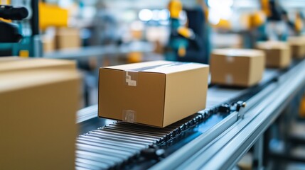 Poster - packages moving along a conveyor belt in a busy warehouse during daylight hours