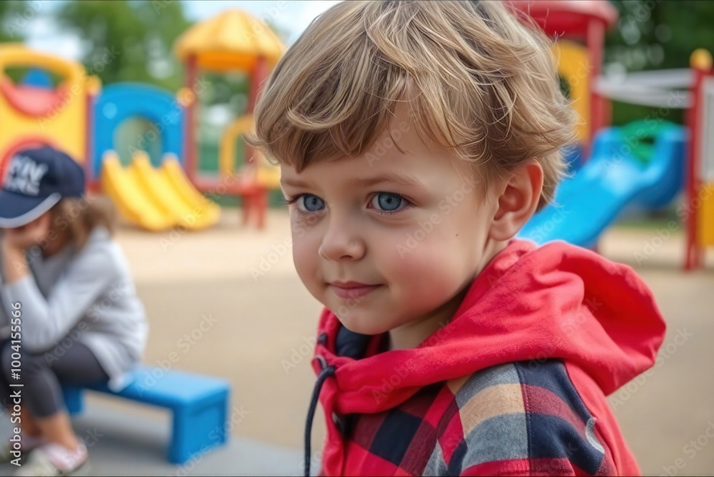 Niño rubio en un jardín de juegos infantiles. Representa la infancia y ...