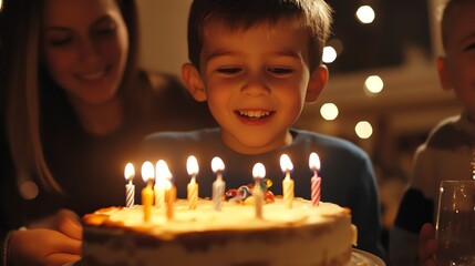 Sticker - A young boy blows out candles on his birthday cake with family watching.