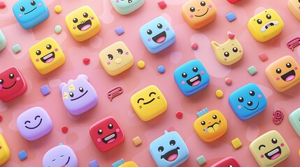 An emoji design set featuring expressive faces and symbols, perfect for use in messaging apps and digital communication. The emojis are displayed in a grid format, each with a clear and playful 