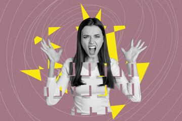 Sticker - Creative poster collage of angry young female stressed overworked need therapy unusual fantasy billboard comics zine