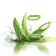 Fresh aloe vera leaves splashing in aloe vera juice cut out.