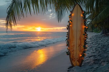 A surfboard decorated with Christmas lights on a tropical beach at sunset