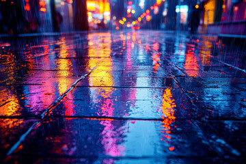 Poster - city lights reflecting on a wet pavement at night, creating a kaleidoscope of colors. concept of urb