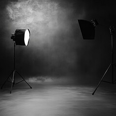 Professional photography studio setup with black backdrop, lighting equipment, and softbox in a dark room