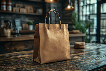 Poster - an empty shopping bag on a store counter, ready for a store logo or design.