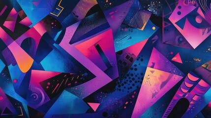 Abstract geometric shapes in vibrant blue, purple, and pink hues, creating a mesmerizing pattern with bold angles and intricate designs