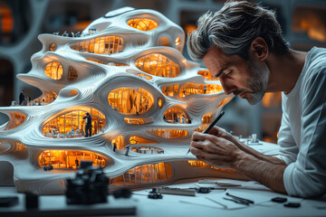 Fototapete - An architect designing a futuristic building with sustainable materials and unique shapes. Concept of modern architecture.