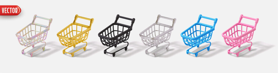 Aufkleber - Set of realistic 3d cartoon shopping carts. Collection colorful of icons shop cart isolated on white background. Vector illustration