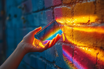 Poster - a person holding a prism, casting a rainbow of colors onto the wall, showcasing the magic of light r