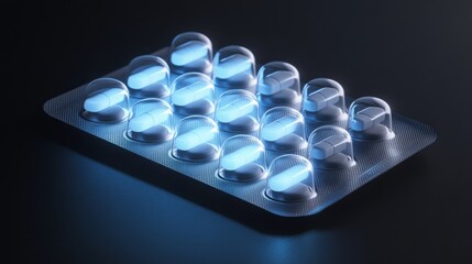 Poster - A clear blister pack containing tablets is illuminated by a soft blue light against a dark backdrop. The arrangement showcases the tablets in an organized manner, emphasizing their transparency.
