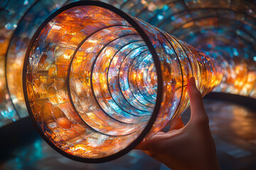 Poster - a hand holding a kaleidoscope, creating beautiful, ever-changing patterns. concept of perspective.