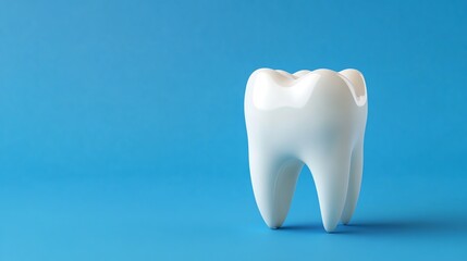 A single, white tooth isolated against a blue background.