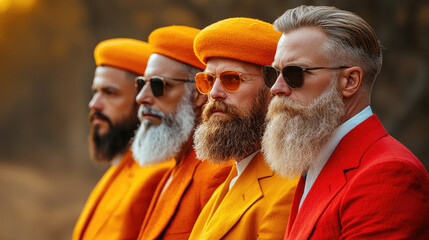 A group of men in vibrant orange outfits and sunglasses poses together under warm sunset light, showcasing unique styles and bearded looks