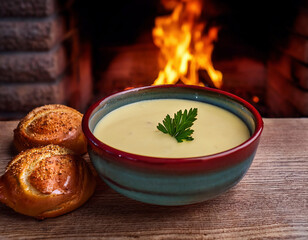 Creamy soup in ceramic bowl with traditional round breads on a wooden table front of the fireplace in winter time