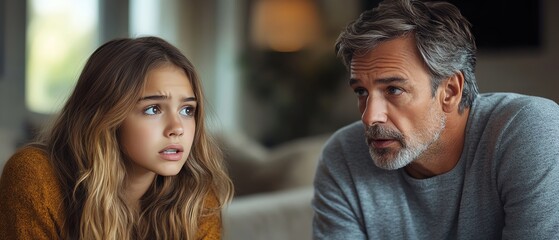 Dad with a serious demeanor scolding his teenage daughter, daughter looking upset, indoor family setting, intense conversation