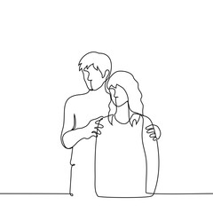 Wall Mural - tall man standing behind short woman supporting her shoulders - one line art vector. Concept support, siblings, flirt, skinship