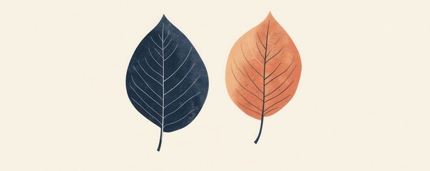 Minimalist illustration of two leaves in navy and red for modern decor or ecological themes