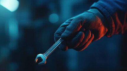 Poster - A gloved hand holds a wrench, emphasizing tools used in mechanical work.