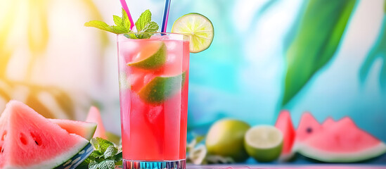 Canvas Print - Fresh watermelon lemonade garnished with lime and mint displayed on a vibrant backdrop with copy space image