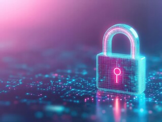 Aufkleber - Abstract lock icon with floating holographic data, deep blue tones, soft neon highlights, digital security concept, minimalistic design, 3D style