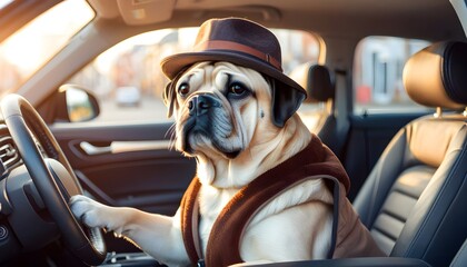 Wall Mural - Charming Labrador in a stylish hat nestled inside a suitcase