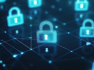 Aufkleber - Abstract security grid with floating padlock icons, dark blue tones, glowing edges, cyber encryption theme, hightech, digital art