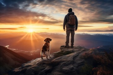 Hiking dog adventure mountain.