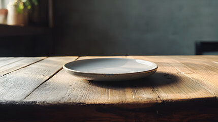 Empty plate on a wooden table or bar