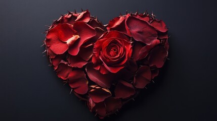 Aufkleber - A single rose sits in the center of a heart made of rose petals. The petals are arranged in a tight formation that creates the shape of a heart. The rose is red, and the petals are a deep burgundy