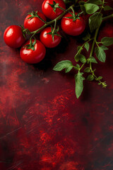 Ripe, perfect red tomatoes, copy space background. Organic delicious tomato vegetable on a red background. Concept: ingredient of tomato sauce, Italian restaurant, grocery store.