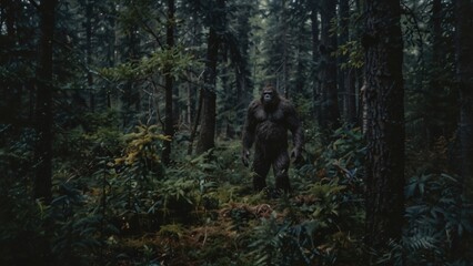 Vintage film photo of Bigfoot in a forest. Illustration of a Sasquatch. Yeti in the woods. 