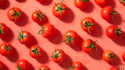 Ripe, perfect red tomatoes, copy space background. Organic delicious tomato vegetable on a red background. Concept: ingredient of tomato sauce, Italian restaurant, grocery store.