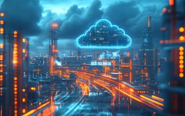 Aufkleber - Cloud technology driving digital transformation, depicted in an illustration showing businesses adopting cloud solutions for operational efficiency