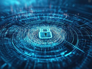 Leinwandbilder - Binary code swirling around a central lock symbol, deep blue and black tones, neon light effects, abstract security background, 3D rendering