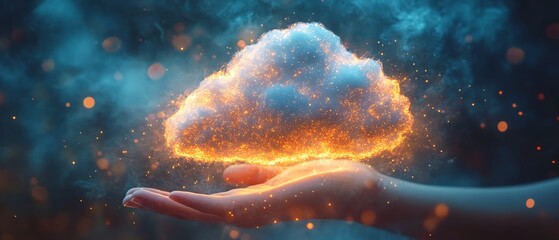Aufkleber - Hand holding a glowing virtual cloud, illustrating how digital transformation is speeding up with businesses embracing cloudbased solutions for better agility