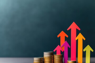 Poster - Business growth concept, arrows rising, and coins, 3D illustration